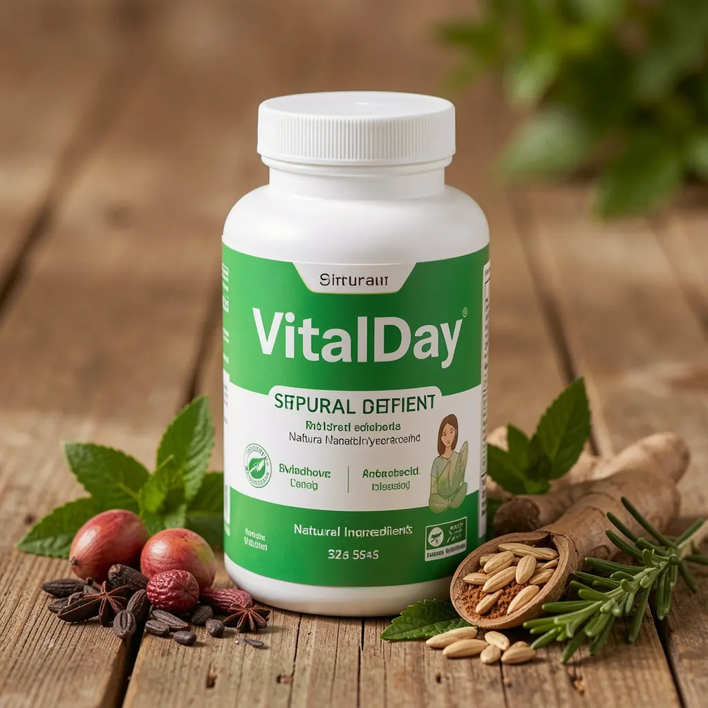 VitalDay supplement bottle with natural ingredients displayed on wooden surface